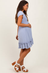 Blue Smocked Ruffle Detail Maternity Mini Dress