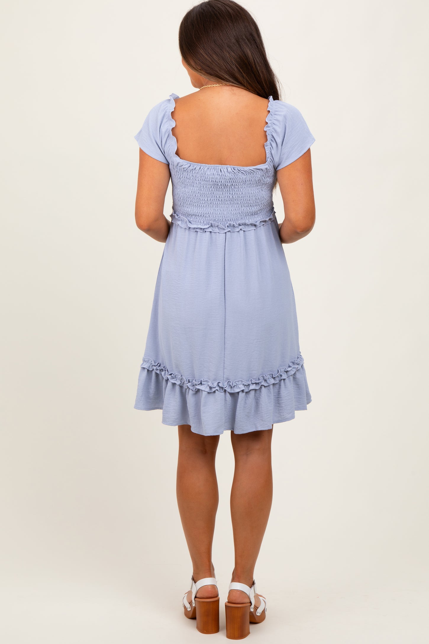 Blue Smocked Ruffle Detail Maternity Mini Dress