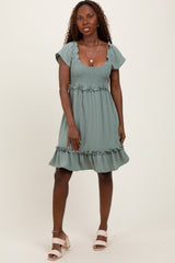 Light Olive Smocked Ruffle Detail Maternity Mini Dress