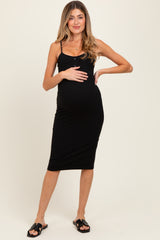 Black Button Detail Thin Strap Fitted Maternity Midi Dress