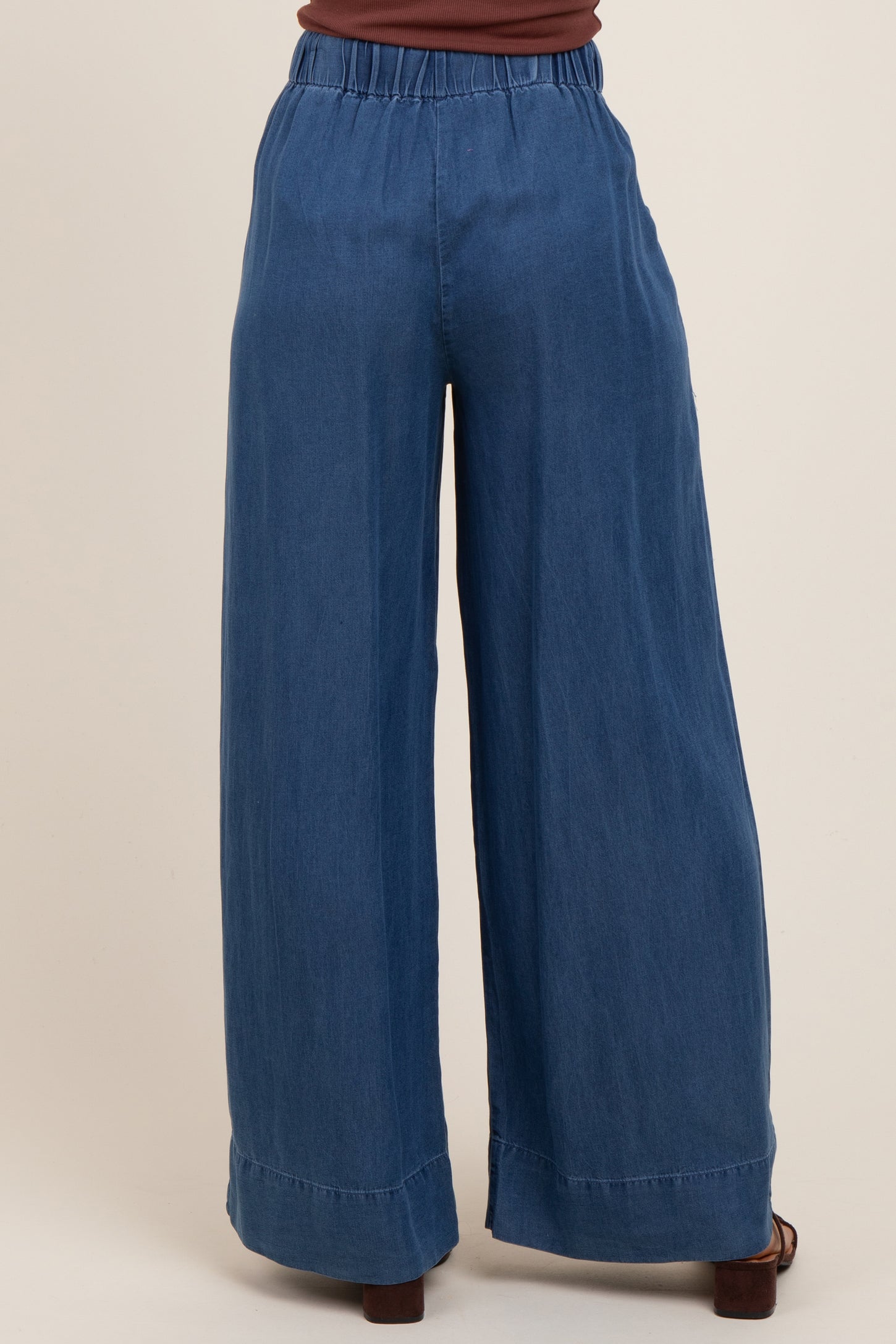 Navy Chambray Drawstring Wide Leg Pants