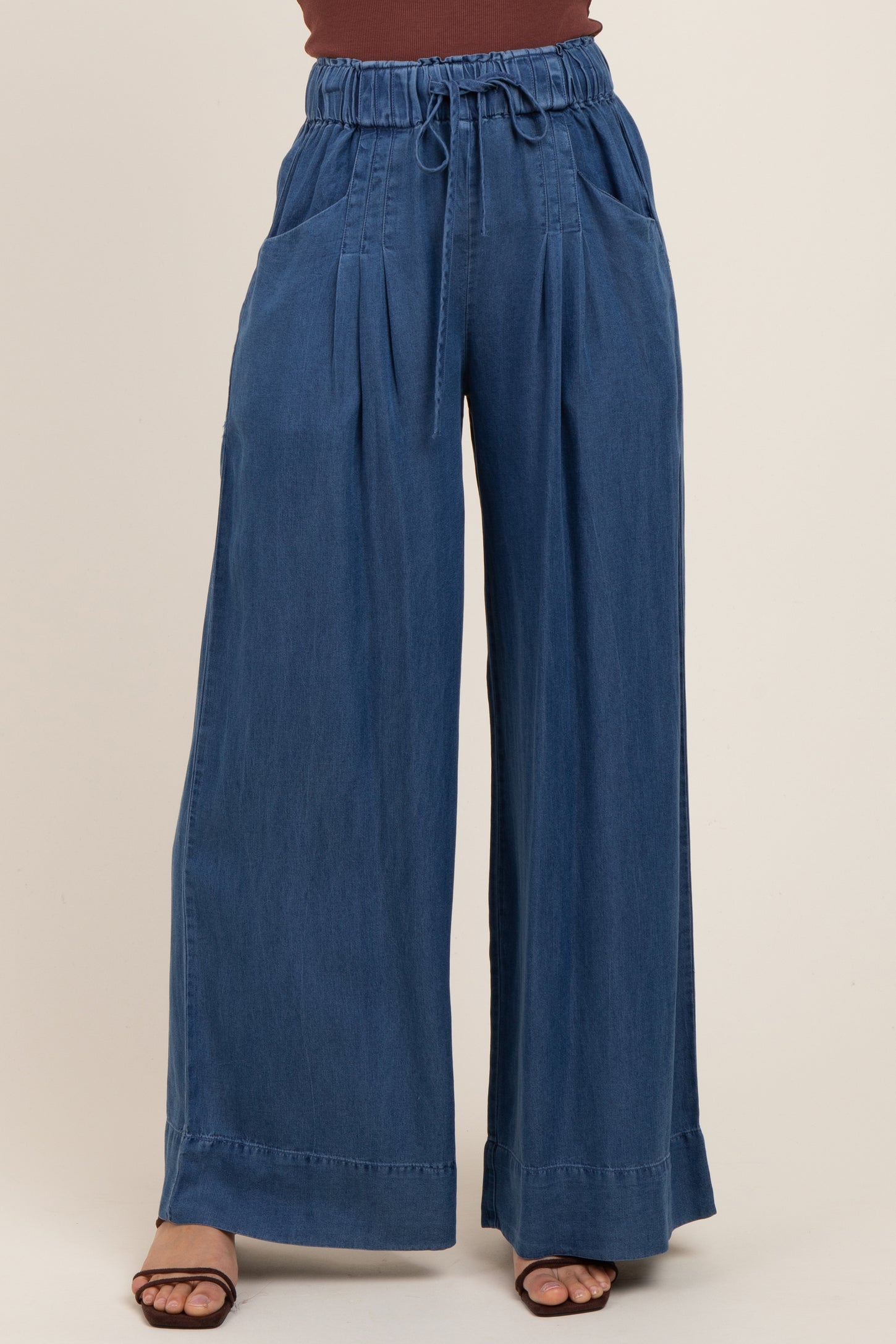 Navy Chambray Drawstring Wide Leg Pants