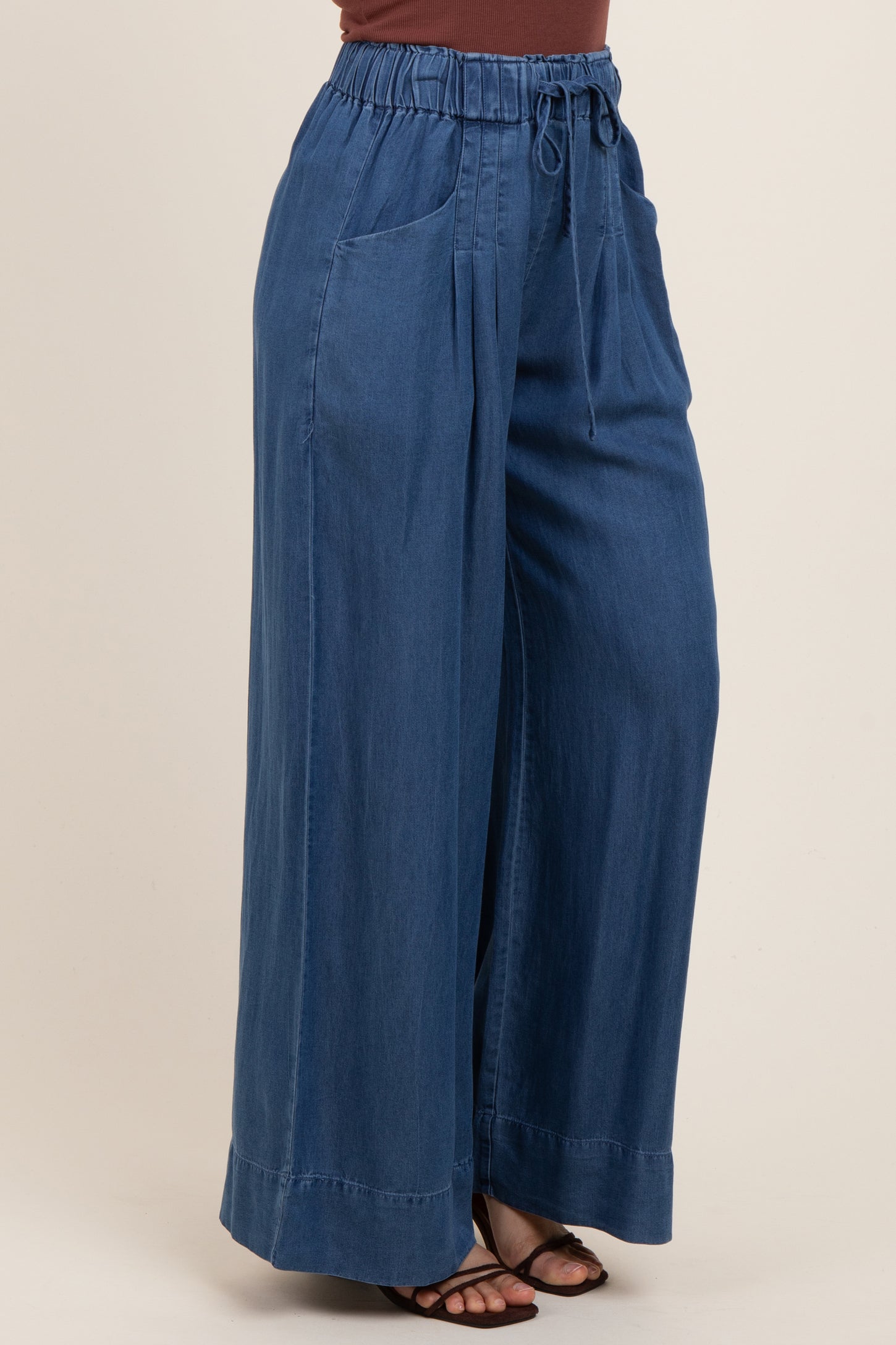 Navy Chambray Drawstring Wide Leg Pants