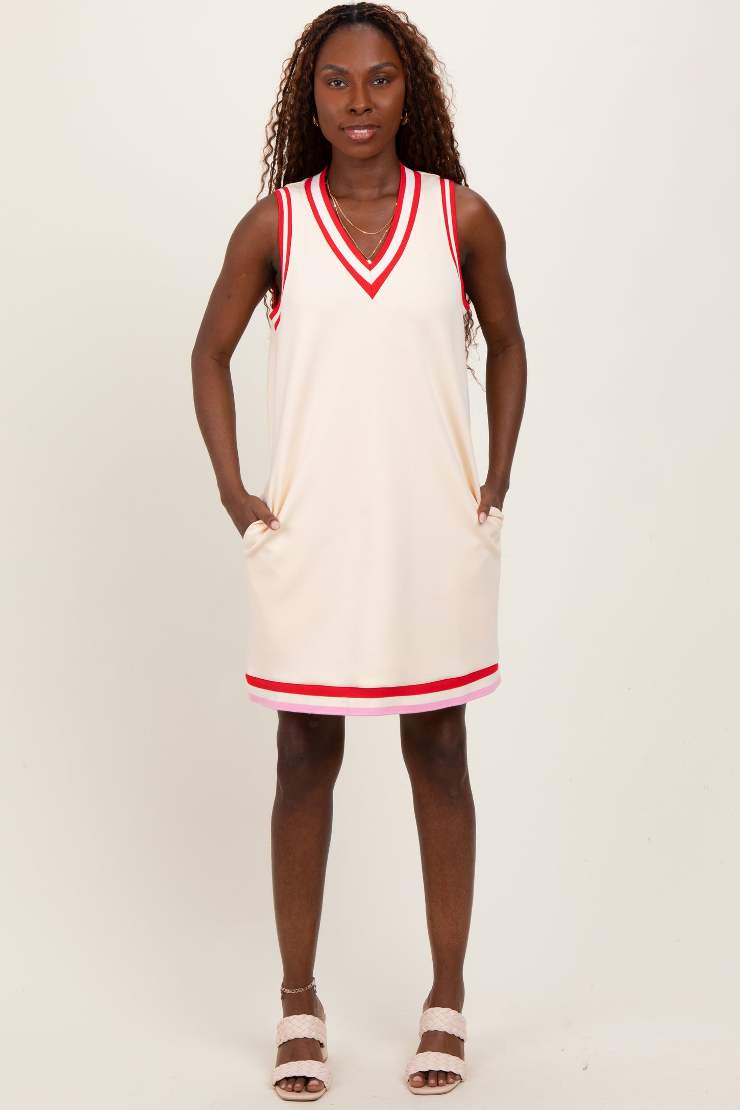 Cream Sleeveless Border Detail V-Neck Mini Dress