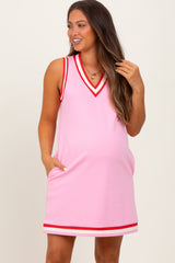Pink Sleeveless Border Detail V-Neck Maternity Mini Dress