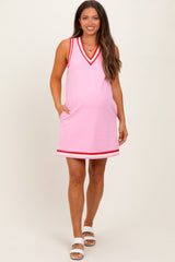 Pink Sleeveless Border Detail V-Neck Maternity Mini Dress