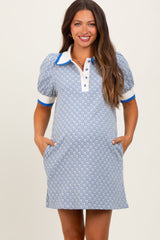 Blue Diamond Print Crochet Trim Maternity Polo Dress