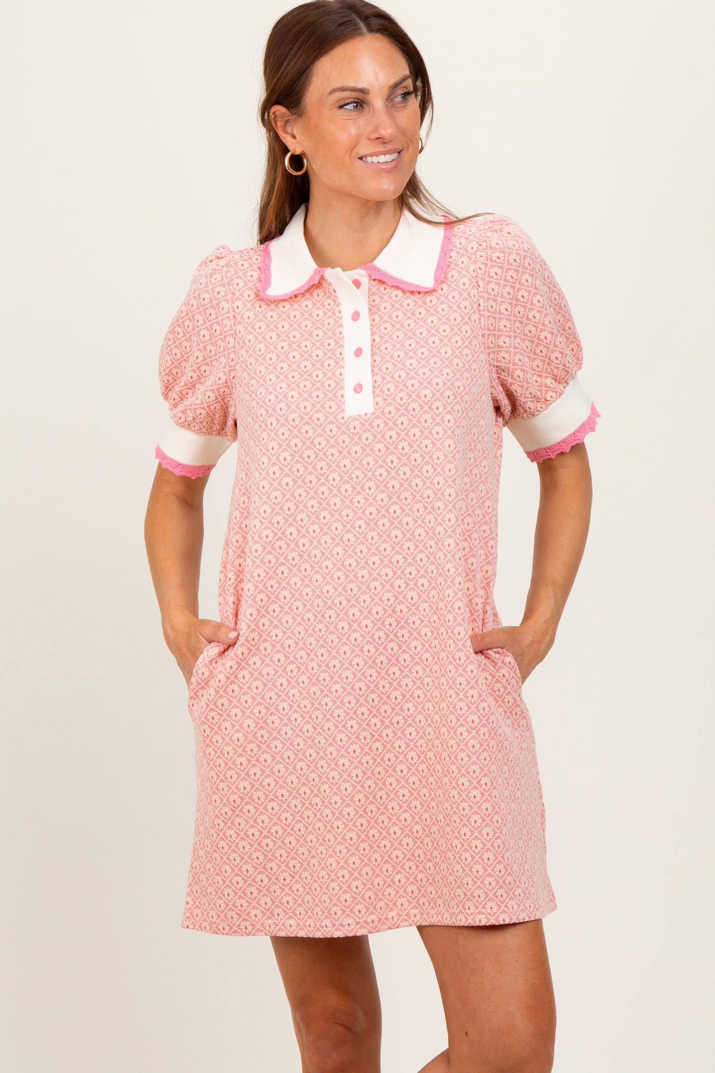 Pink Diamond Print Crochet Trim Maternity Polo Dress