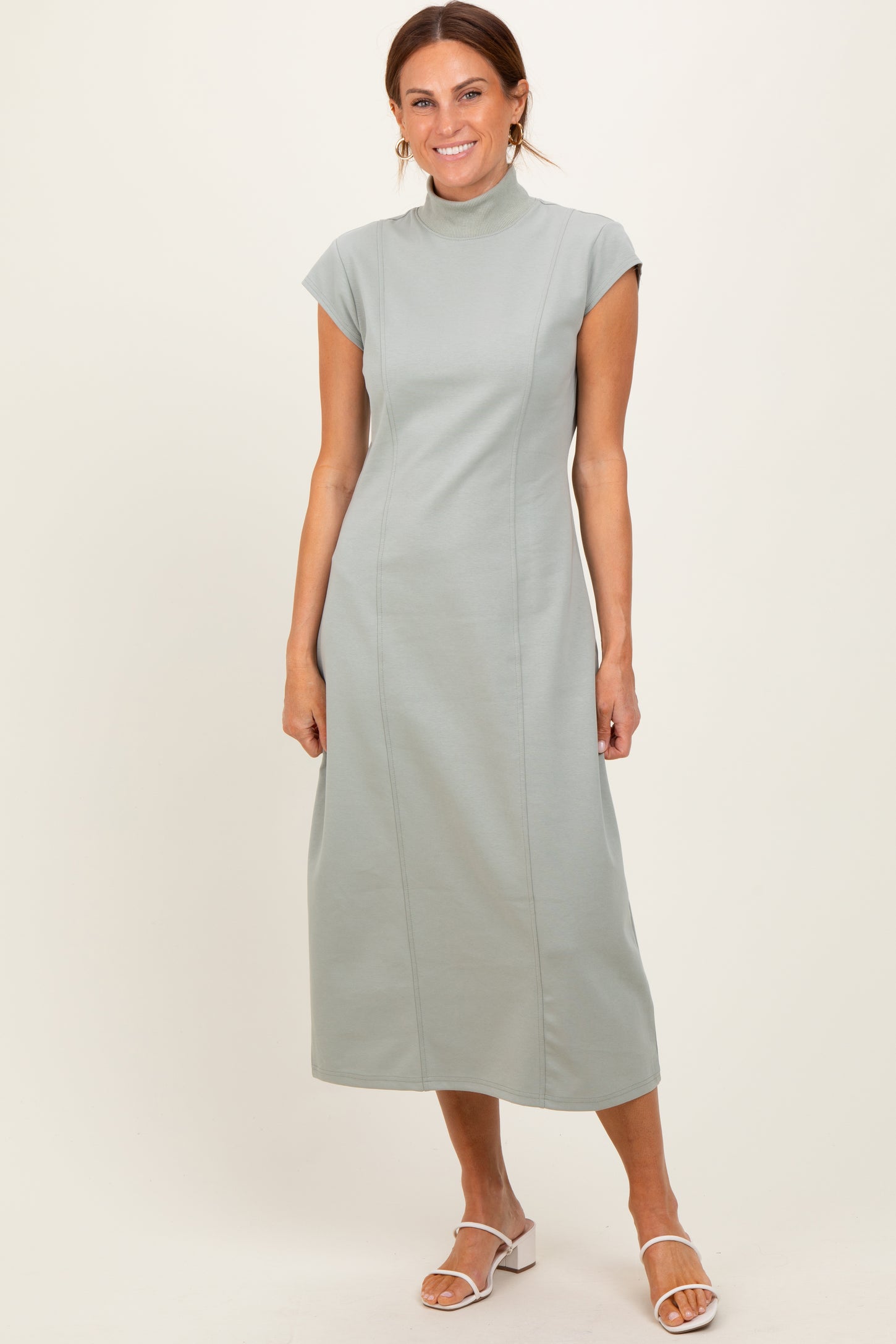 Light Olive Mock Neck Short Sleeve Midi Dress