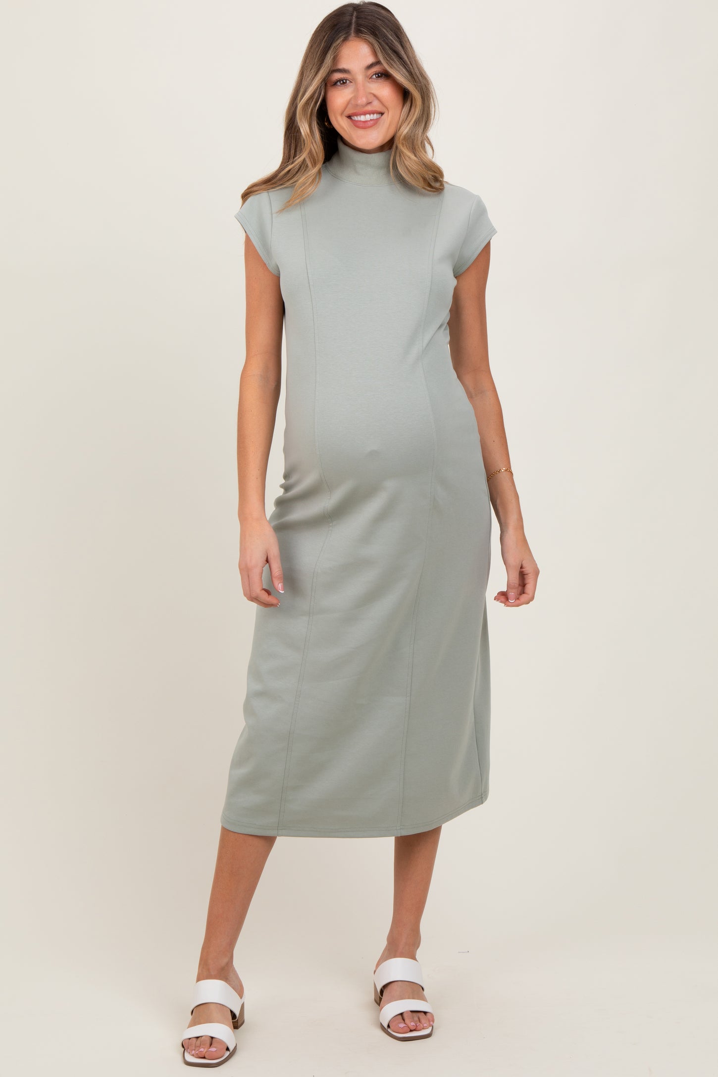 Light Olive Mock Neck Short Sleeve Maternity Midi Dress