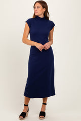Navy Mock Neck Short Sleeve Midi Dress
