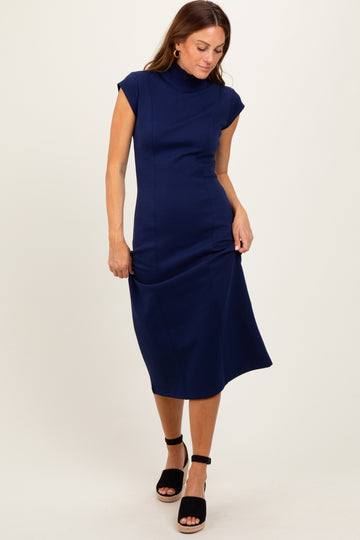 Navy Mock Neck Short Sleeve Midi Dress