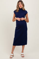 Navy Mock Neck Short Sleeve Maternity Midi Dress