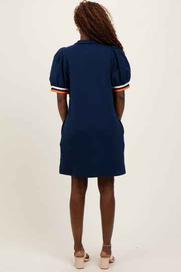 Navy Jacquard Zipper Collar Mini Dress