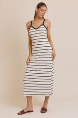 White Striped Ribbed Adjustable Strap Midi Dress