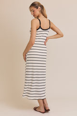 White Striped Ribbed Adjustable Strap Midi Dress