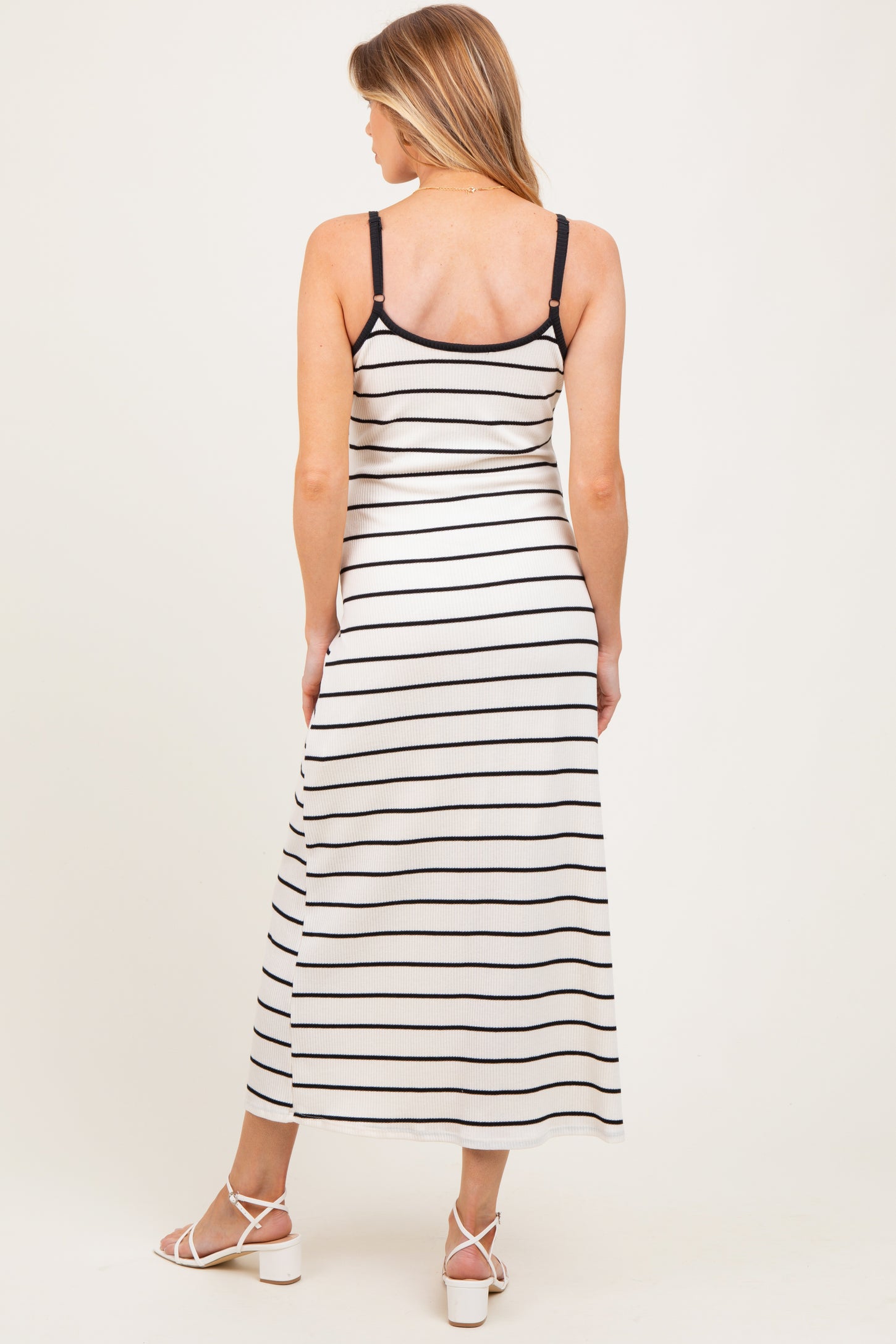 White Striped Ribbed Adjustable Strap Maternity Midi Dress