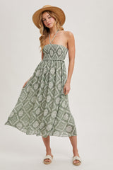 Green Printed Smocked Halter Midi Dress