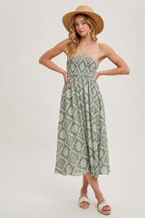 Green Printed Smocked Halter Midi Dress
