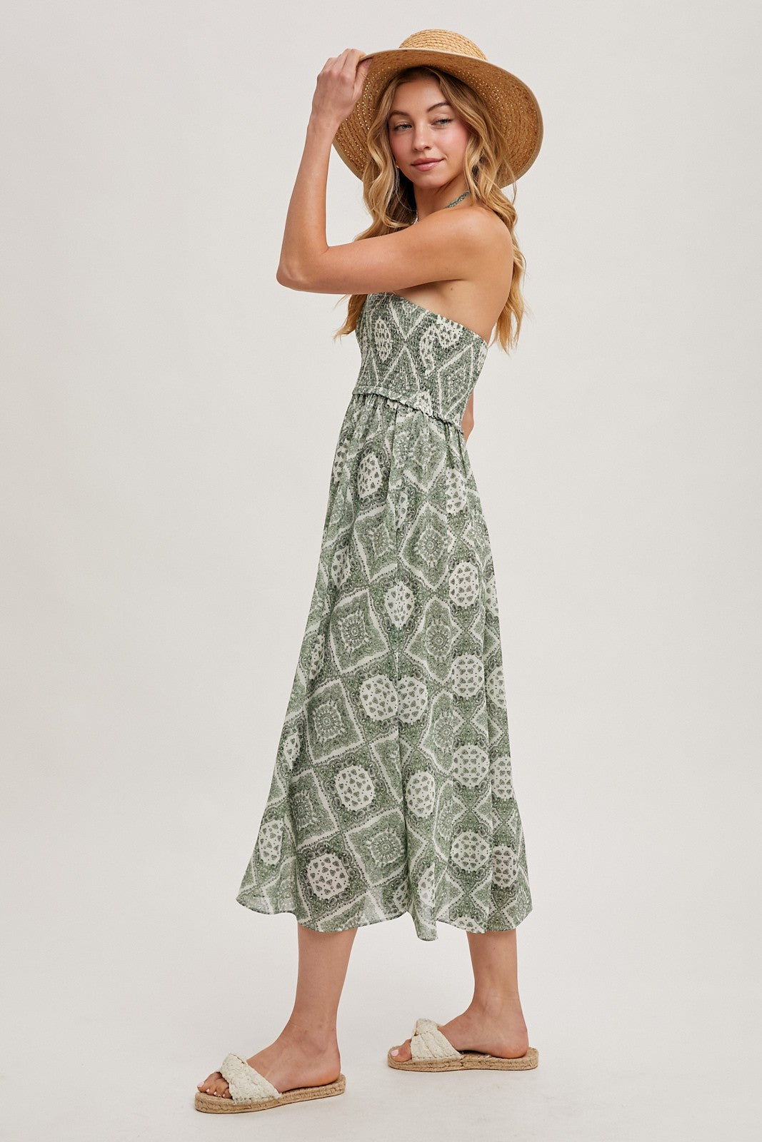 Green Printed Smocked Halter Midi Dress