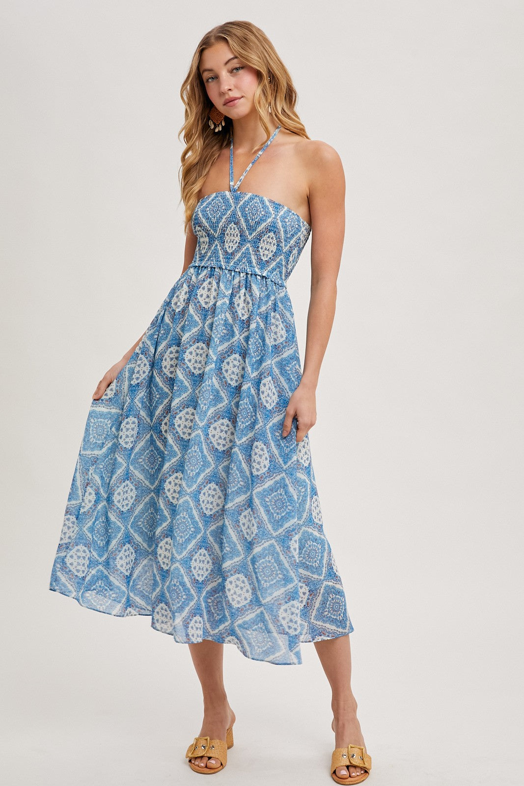 Blue Printed Smocked Halter Midi Dress