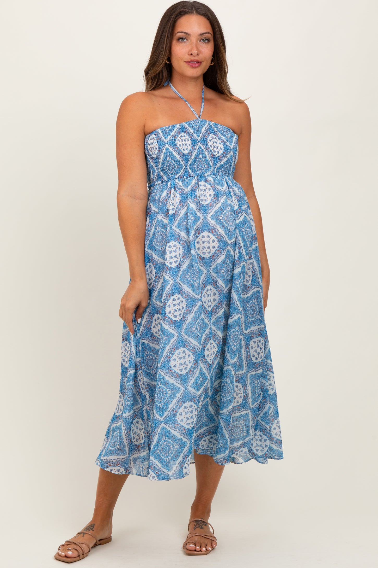 Blue Printed Smocked Halter Maternity Midi Dress