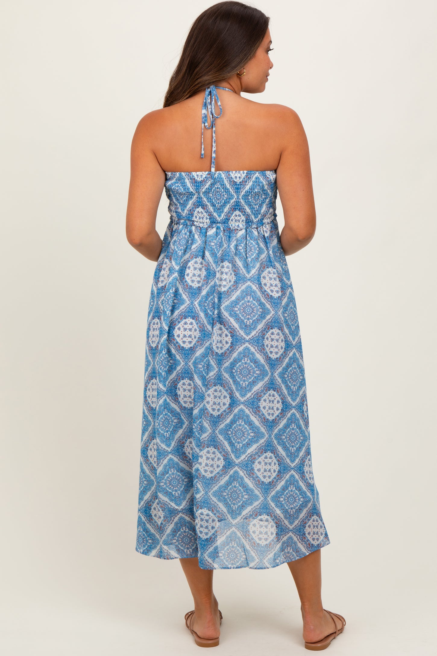 Blue Printed Smocked Halter Maternity Midi Dress