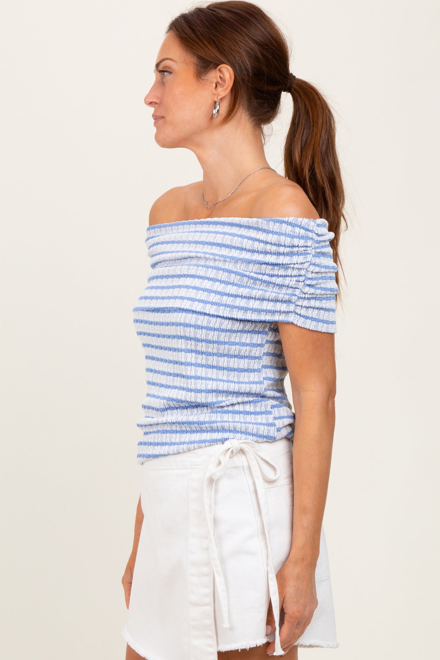 Blue Off The Shoulder Striped Top