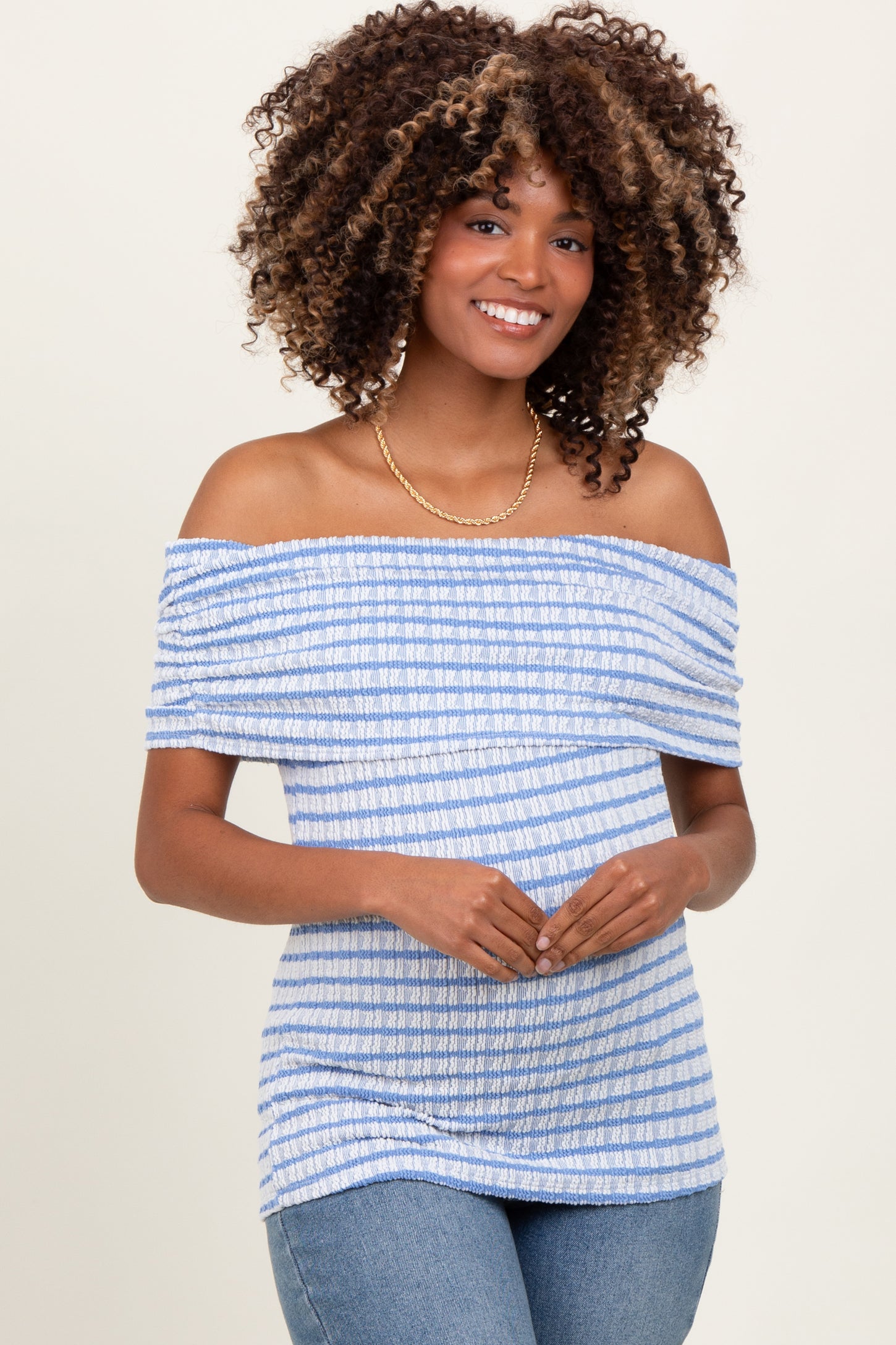 Blue Off The Shoulder Striped Maternity Top