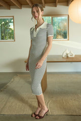 Ivory Striped Knit Collared Midi Dress