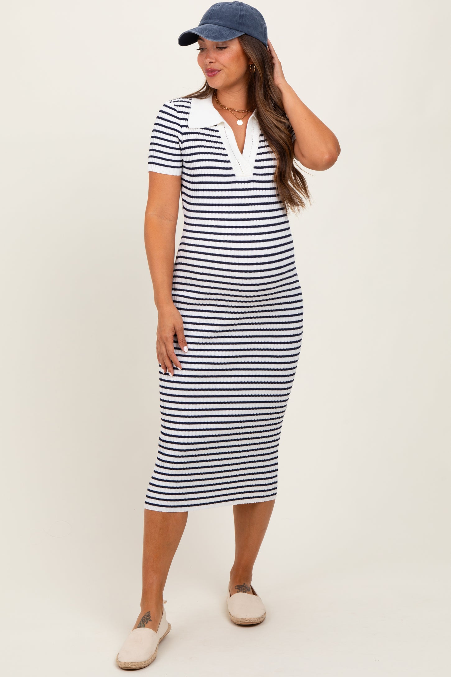 Ivory Striped Knit Collared Maternity Midi Dress