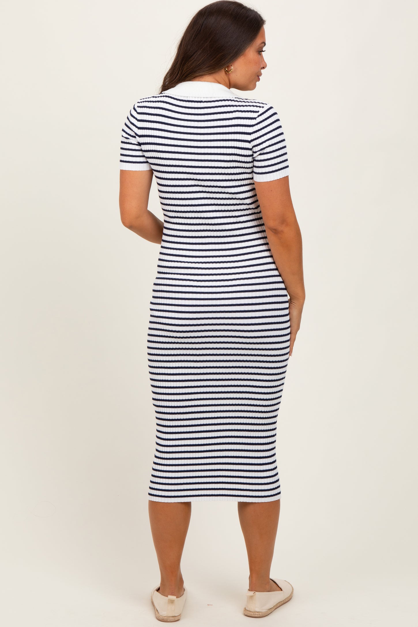 Ivory Striped Knit Collared Maternity Midi Dress