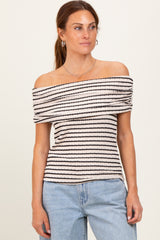 Beige Off The Shoulder Striped Top