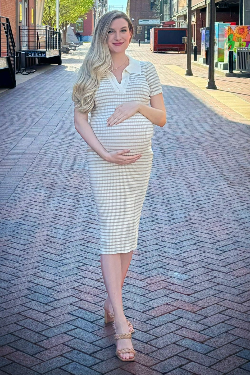 Beige Striped Knit Collared Maternity Midi Dress