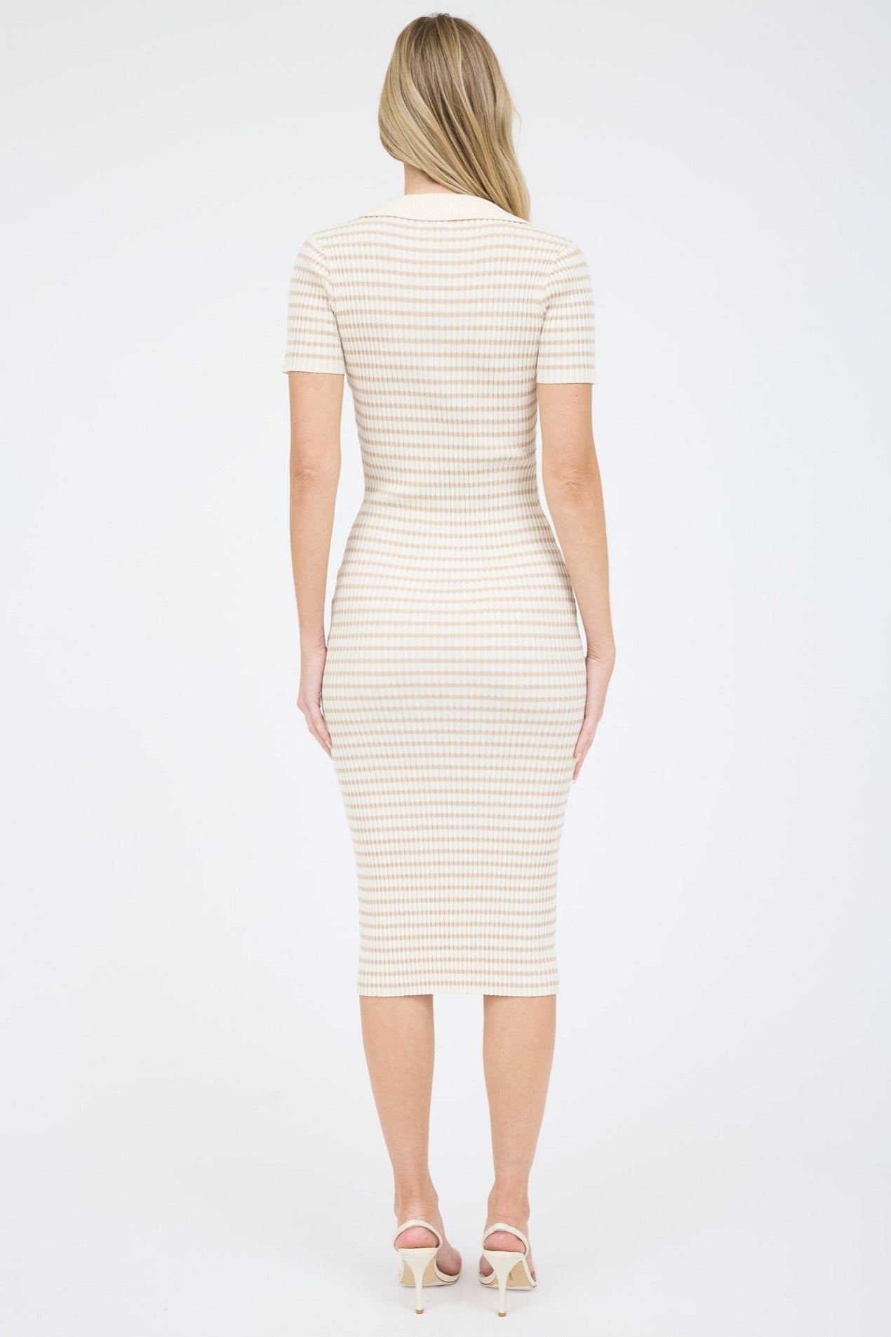 Beige Striped Knit Collared Midi Dress