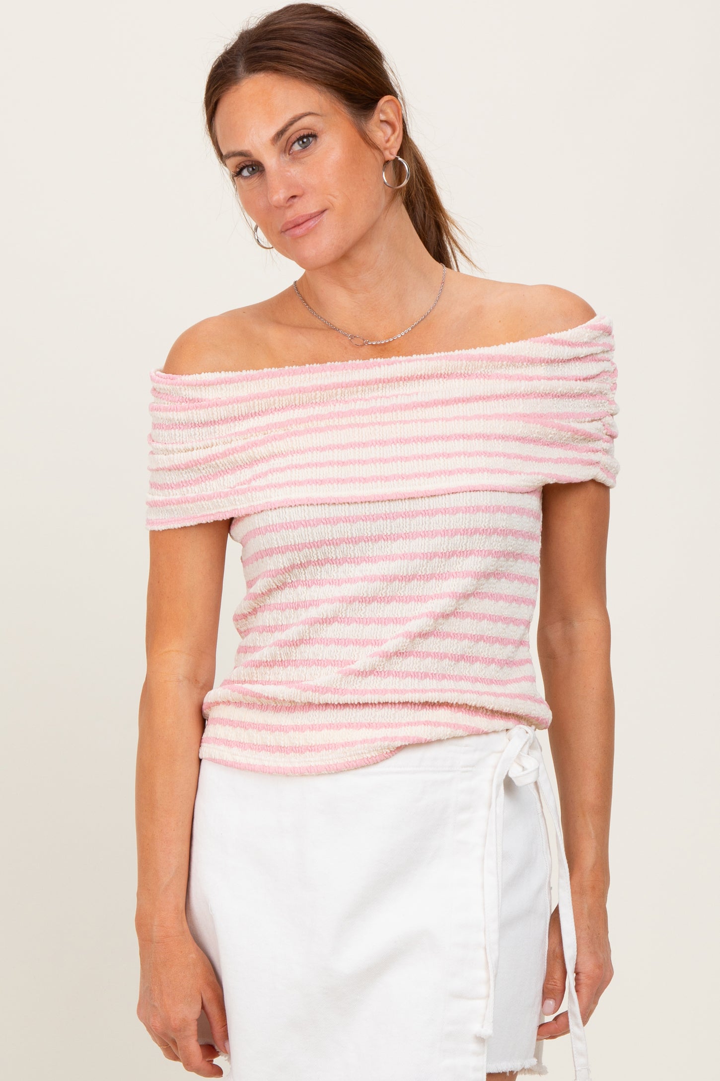 Light Pink Off The Shoulder Striped Maternity Top