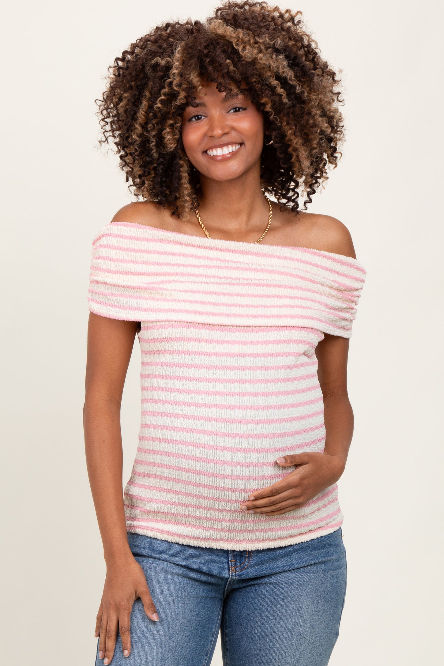 Light Pink Off The Shoulder Striped Maternity Top