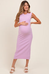 Light Pink Scalloped Ribbed Knit Sleeveless Maternity Midi Dress