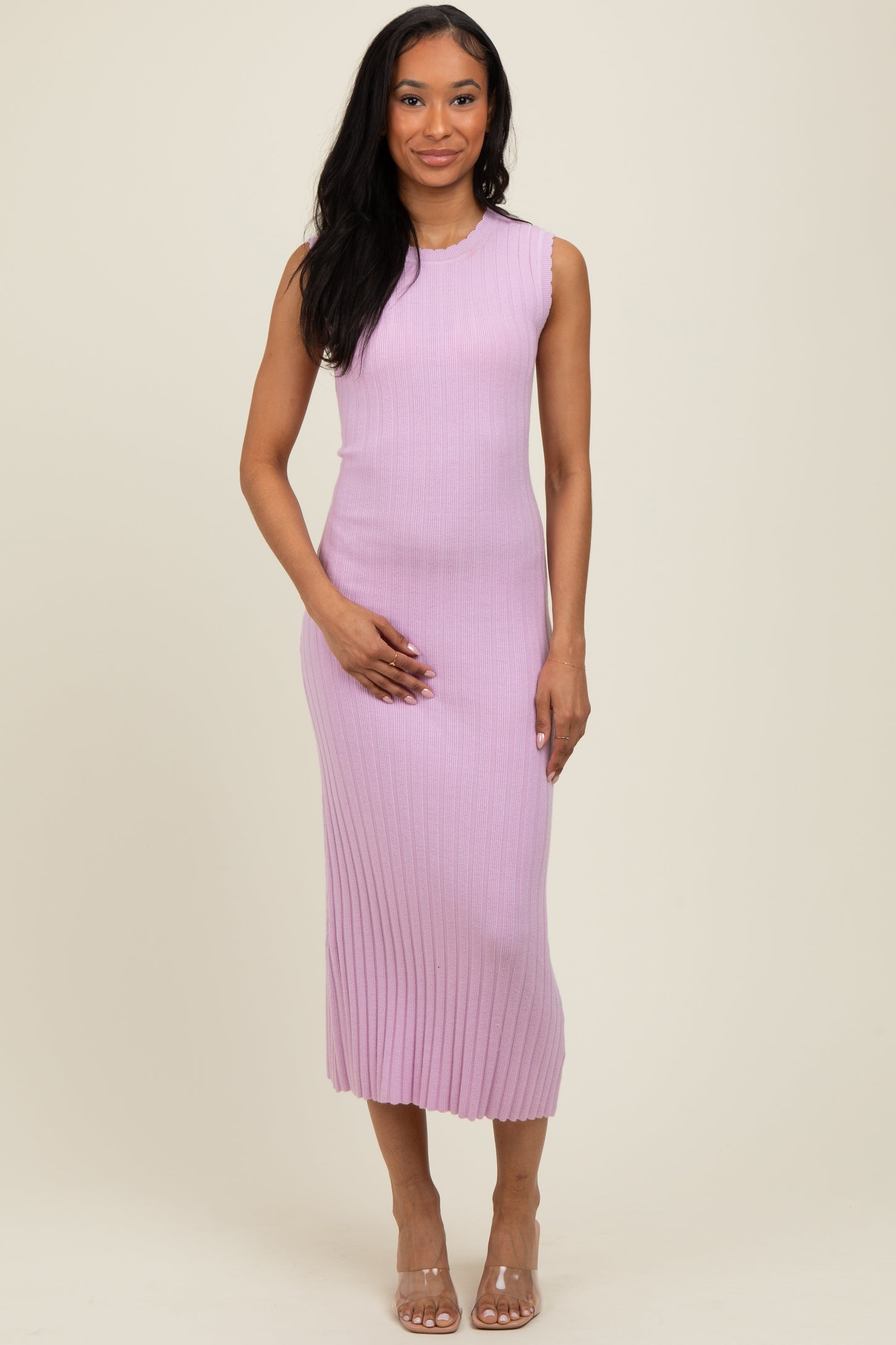 Light Pink Scalloped Ribbed Knit Sleeveless Midi Dress