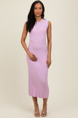 Light Pink Scalloped Ribbed Knit Sleeveless Midi Dress