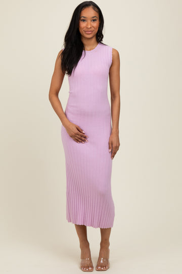 Light Pink Scalloped Ribbed Knit Sleeveless Midi Dress