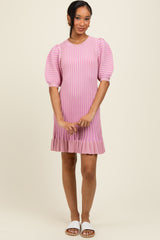 Pink Ribbed Knit Puff Sleeve Ruffle Hem Mini Dress