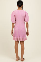 Pink Ribbed Knit Puff Sleeve Ruffle Hem Mini Dress