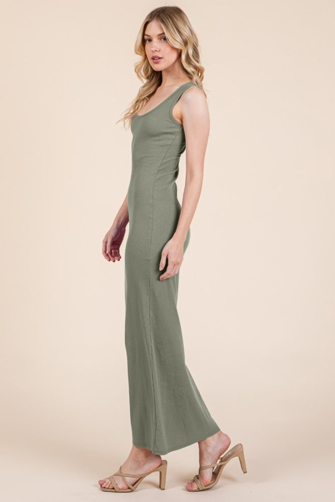 Light Olive Ribbed Basic Maxi Dress