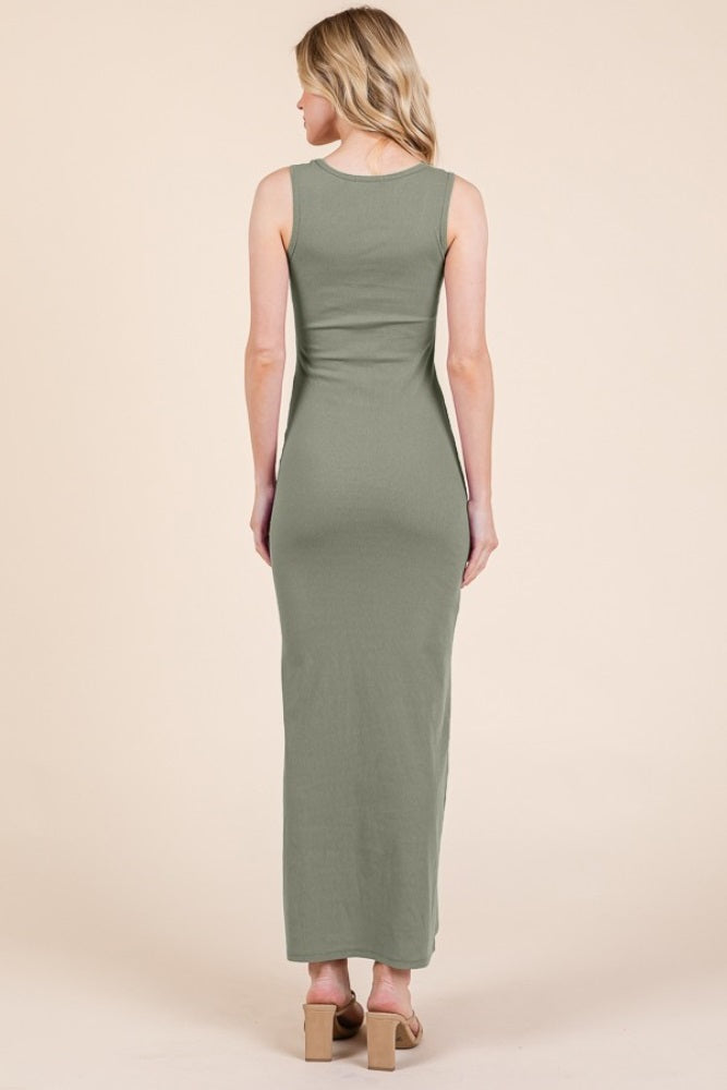 Light Olive Ribbed Basic Maxi Dress