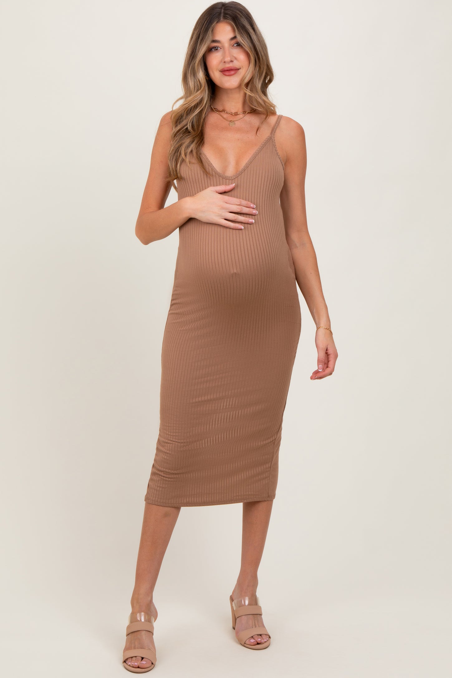 Taupe Ribbed Cami Maternity Midi Dress