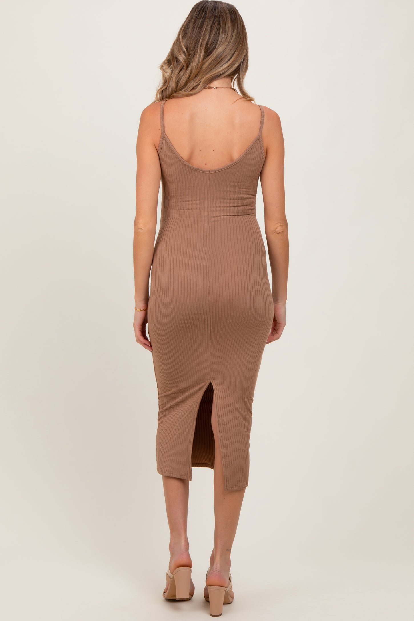 Taupe Ribbed Cami Maternity Midi Dress