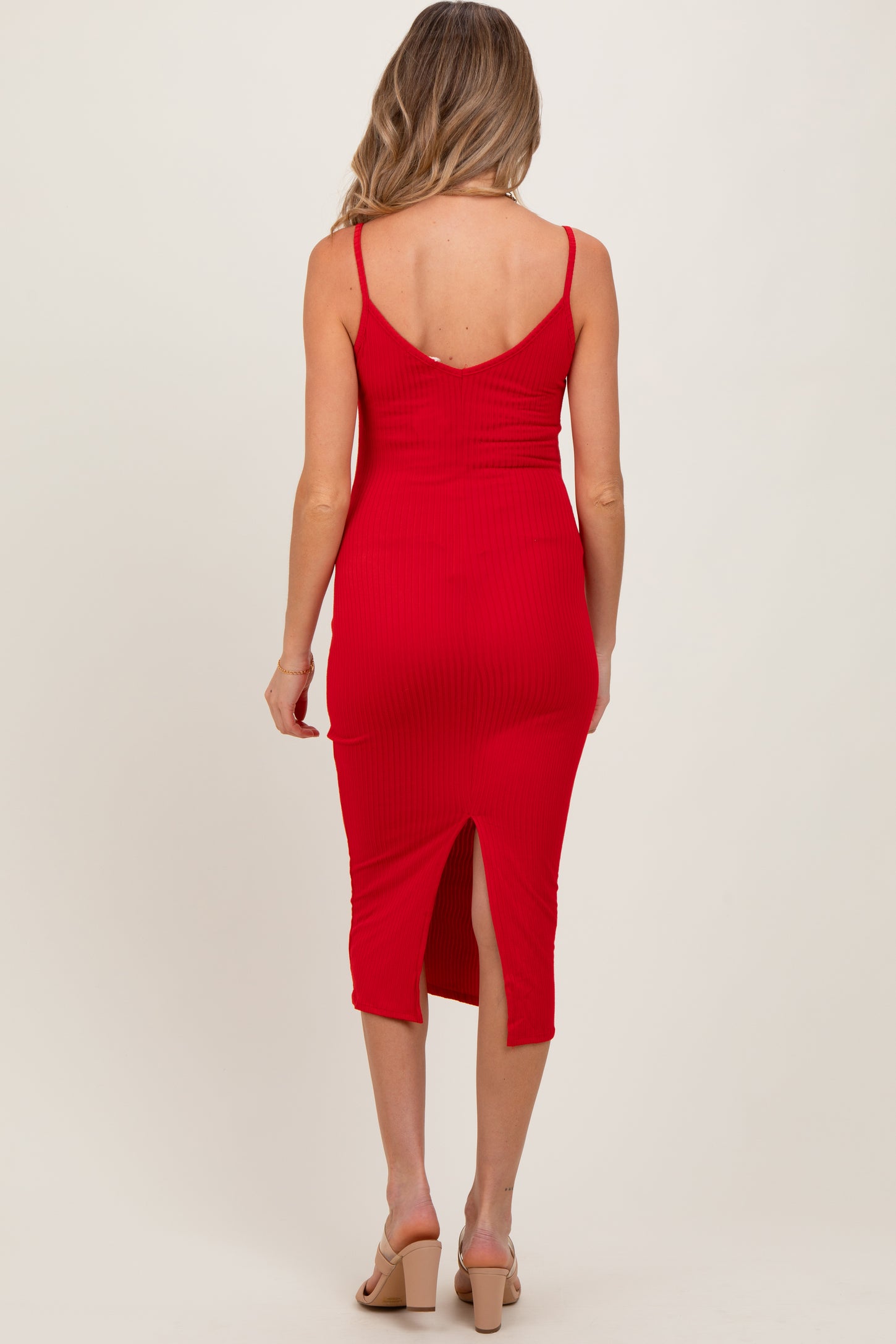 Red Ribbed Cami Maternity Midi Dress