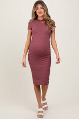 Burgundy Asymmetrical Ruched T-Shirt Maternity Dress