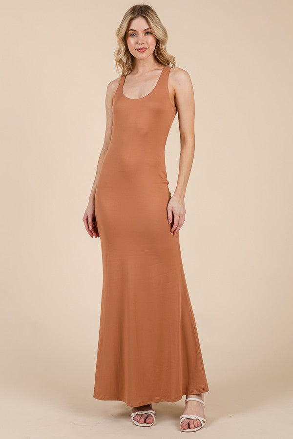 Camel Scoop Neck Fishtail Maternity Maxi Dress